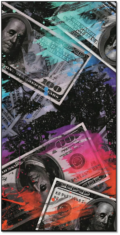 Œuvre moderne avec billets de banque et couleurs vives, bleu, rouge et violet, pour salon contemporain ou bureau.