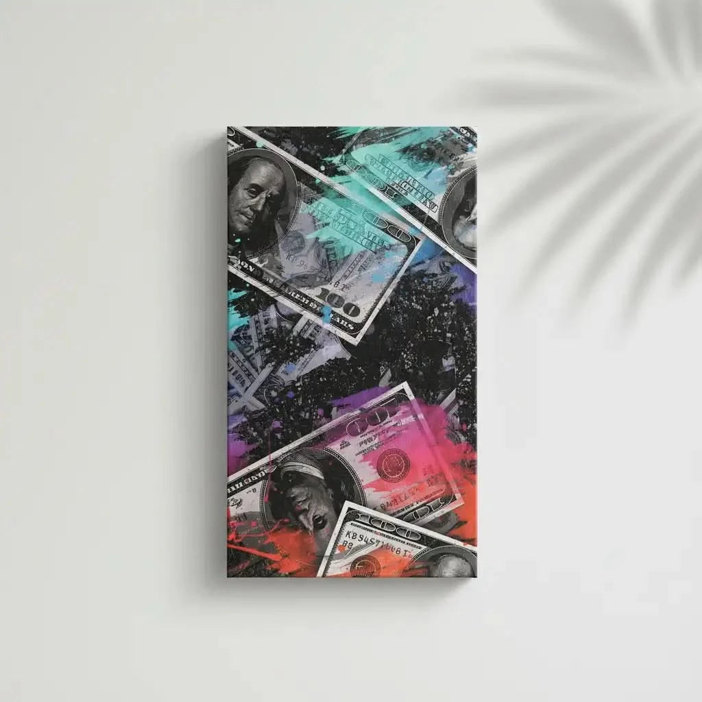 Oeuvre moderne avec billets de banque et couleurs vives, bleu, rouge et violet, pour salon contemporain ou bureau.