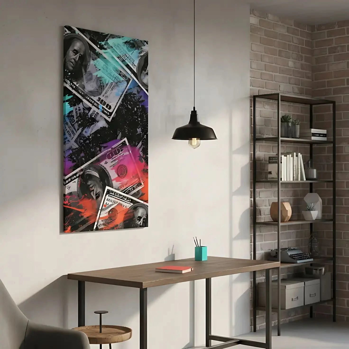 Oeuvre moderne avec billets de banque et couleurs vives, bleu, rouge et violet, pour salon contemporain ou bureau.