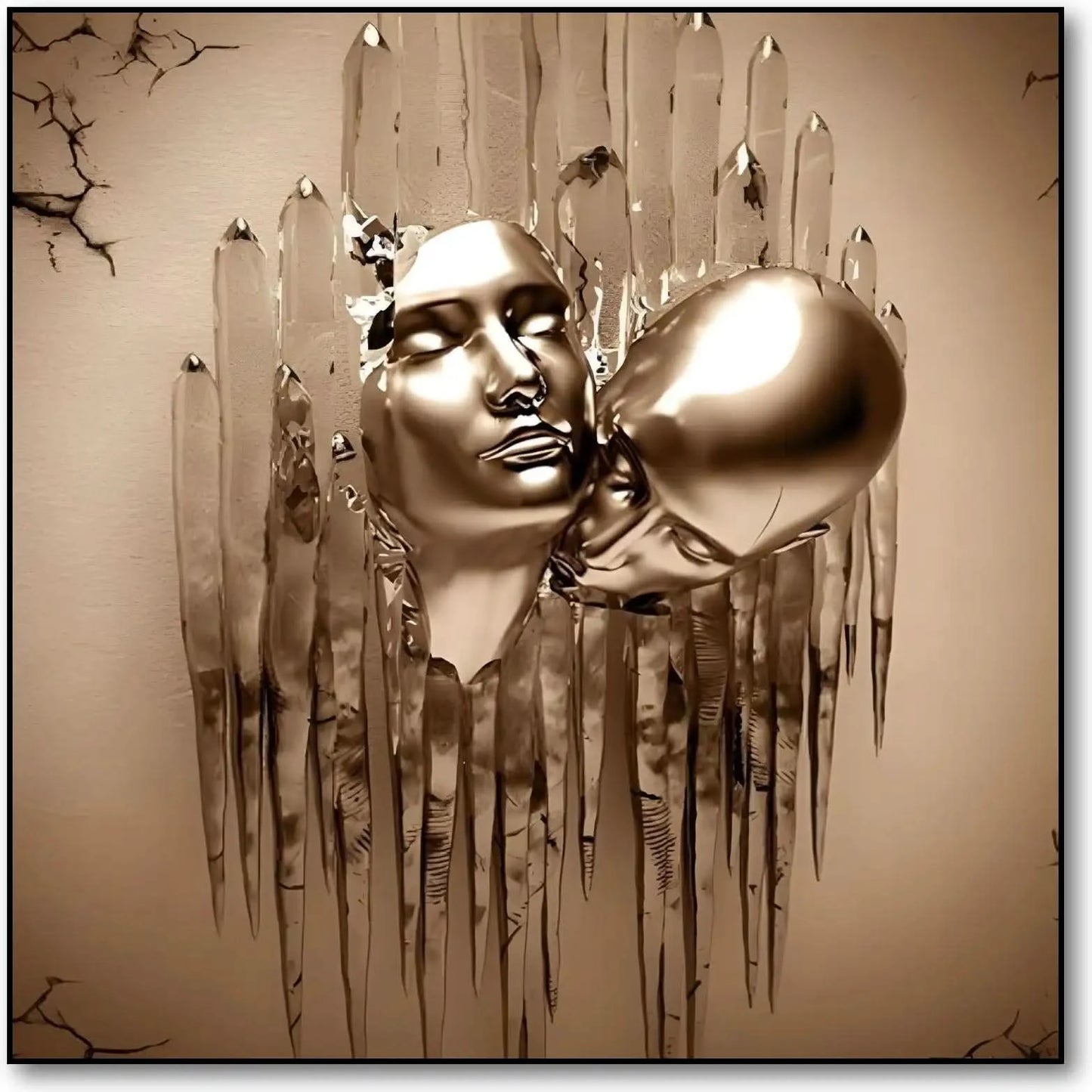 Visages dorés surgissent de coulures métalliques dans une toile abstraite carrée; or et beige évoquent mystère et sérénité.