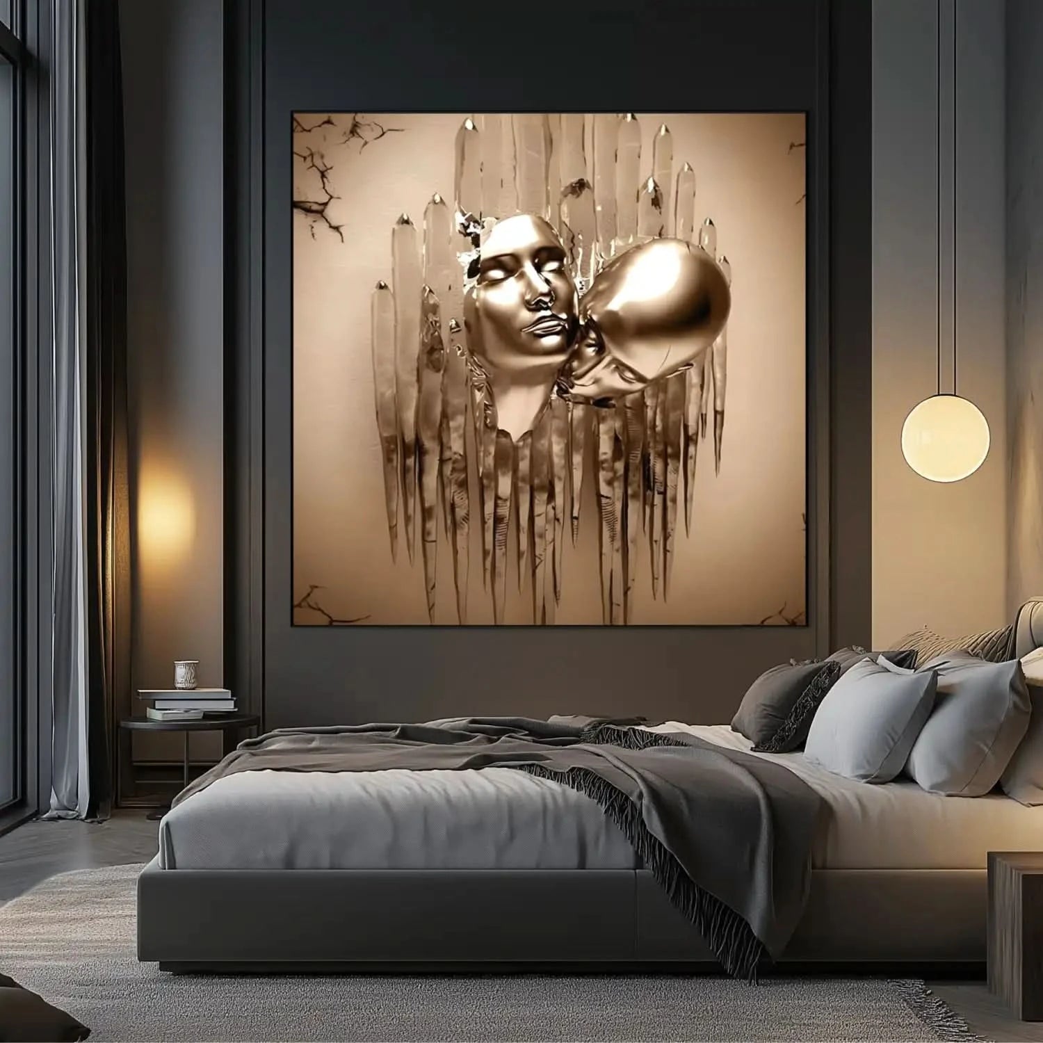 Visages dorés surgissent de coulures métalliques dans une toile abstraite carrée; or et beige évoquent mystère et sérénité.