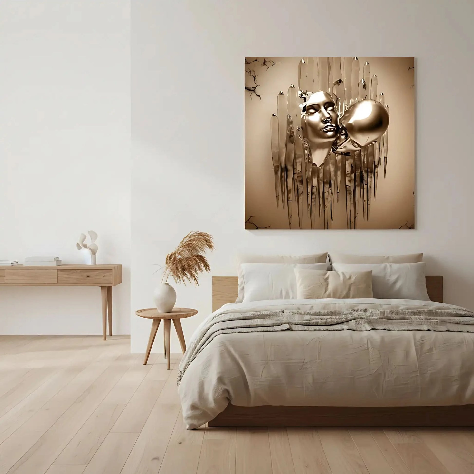 Visages dorés surgissent de coulures métalliques dans une toile abstraite carrée; or et beige évoquent mystère et sérénité.