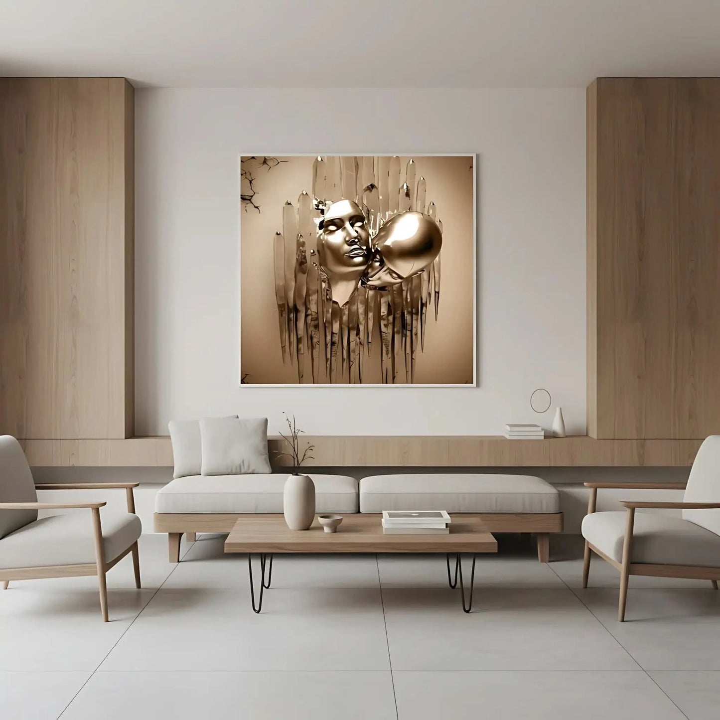 Visages dorés surgissent de coulures métalliques dans une toile abstraite carrée; or et beige évoquent mystère et sérénité.