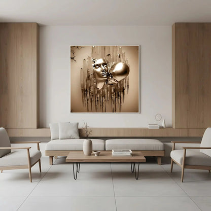 Visages dorés surgissent de coulures métalliques dans une toile abstraite carrée; or et beige évoquent mystère et sérénité.