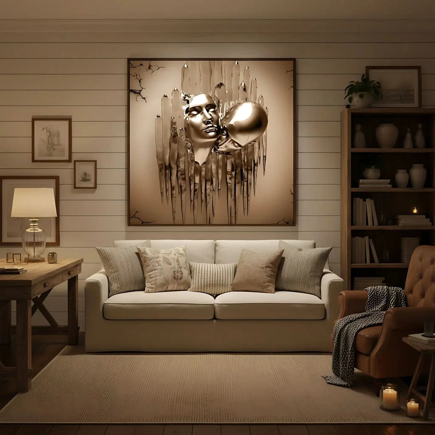 Visages dorés surgissent de coulures métalliques dans une toile abstraite carrée; or et beige évoquent mystère et sérénité.