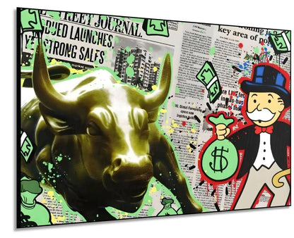 Œuvre pop art avec taureau doré, billets verts et personnage iconique, ambiance dynamique et urbaine pour bureau moderne.