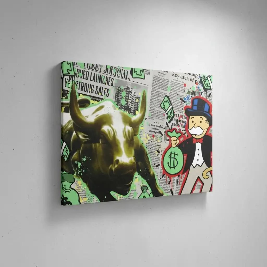 Oeuvre pop art avec taureau doré, billets verts et personnage iconique, ambiance dynamique et urbaine pour bureau moderne.