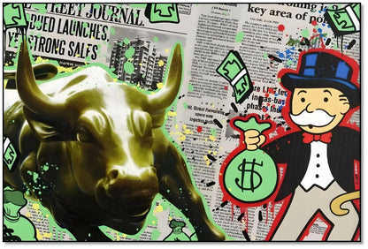 Œuvre pop art avec taureau doré, billets verts et personnage iconique, ambiance dynamique et urbaine pour bureau moderne.