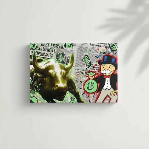 Oeuvre pop art avec taureau doré, billets verts et personnage iconique, ambiance dynamique et urbaine pour bureau moderne.