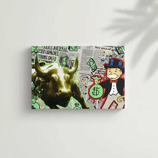 Oeuvre pop art avec taureau doré, billets verts et personnage iconique, ambiance dynamique et urbaine pour bureau moderne.