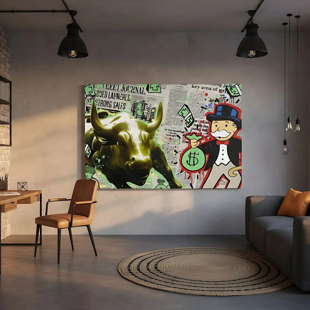 Oeuvre pop art avec taureau doré, billets verts et personnage iconique, ambiance dynamique et urbaine pour bureau moderne.