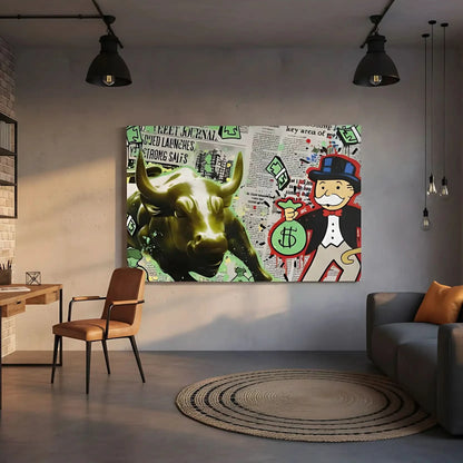 Oeuvre pop art avec taureau doré, billets verts et personnage iconique, ambiance dynamique et urbaine pour bureau moderne.
