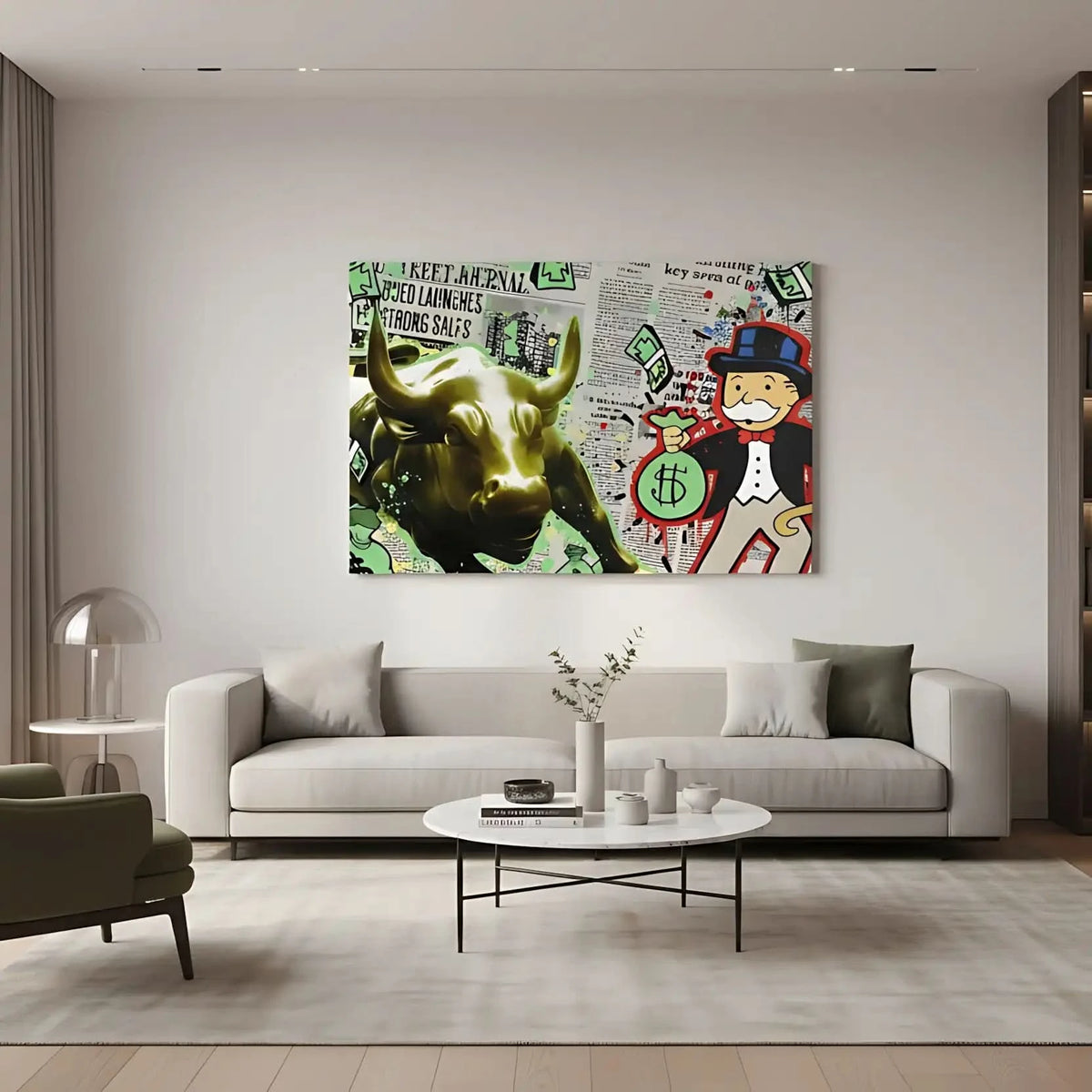 Oeuvre pop art avec taureau doré, billets verts et personnage iconique, ambiance dynamique et urbaine pour bureau moderne.