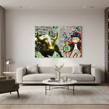 Oeuvre pop art avec taureau doré, billets verts et personnage iconique, ambiance dynamique et urbaine pour bureau moderne.