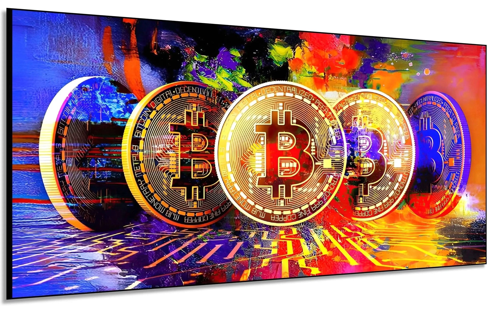 Œuvre numérique avec bitcoins dorés sur fond multicolore, ambiance dynamique et moderne pour bureau ou salon.