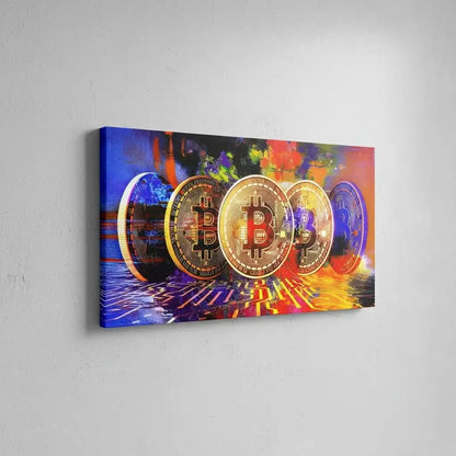 Oeuvre numérique avec bitcoins dorés sur fond multicolore, ambiance dynamique et moderne pour bureau ou salon.