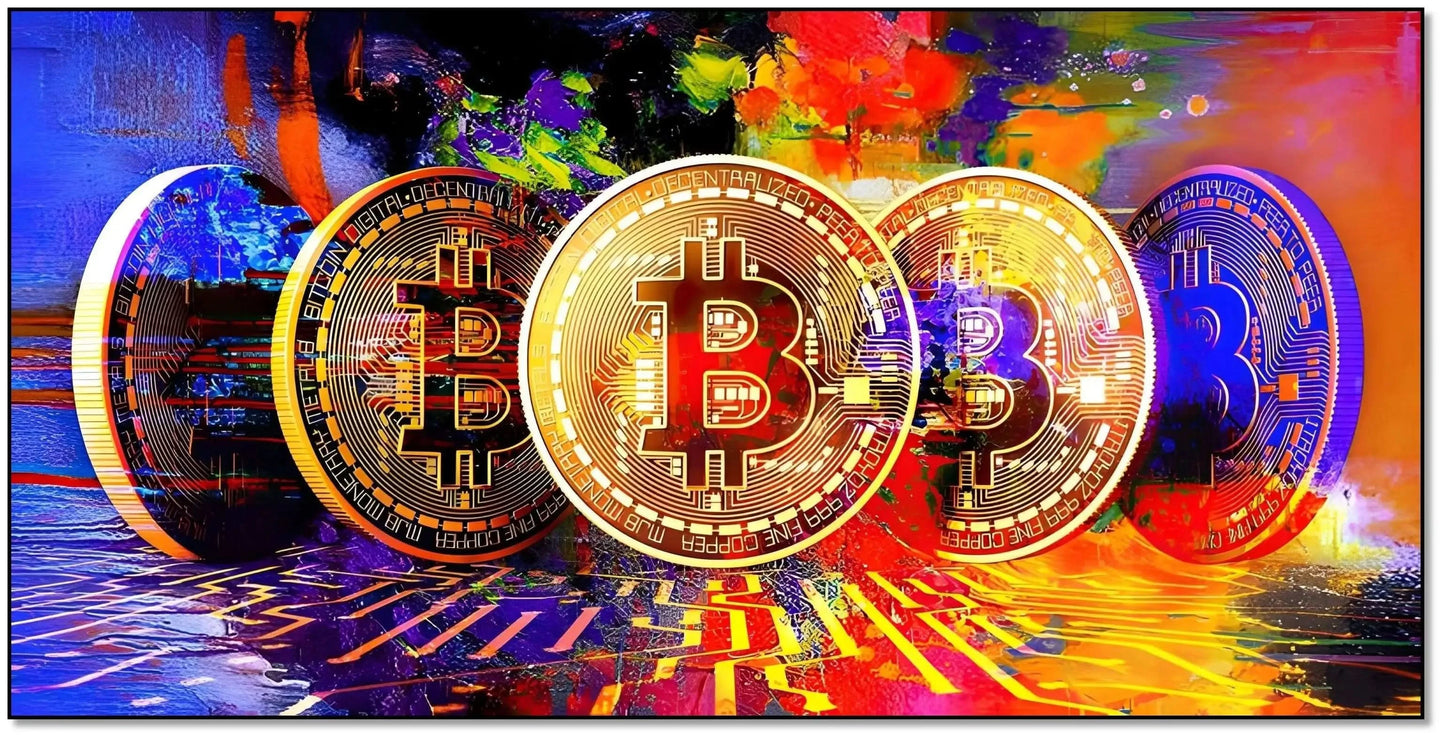 Œuvre numérique avec bitcoins dorés sur fond multicolore, ambiance dynamique et moderne pour bureau ou salon.