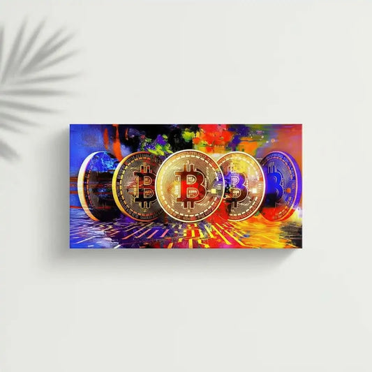 Oeuvre numérique avec bitcoins dorés sur fond multicolore, ambiance dynamique et moderne pour bureau ou salon.