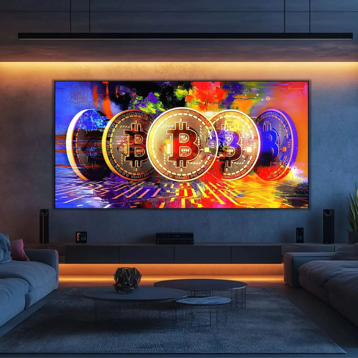 Œuvre numérique avec bitcoins dorés sur fond multicolore, ambiance dynamique et moderne pour bureau ou salon.