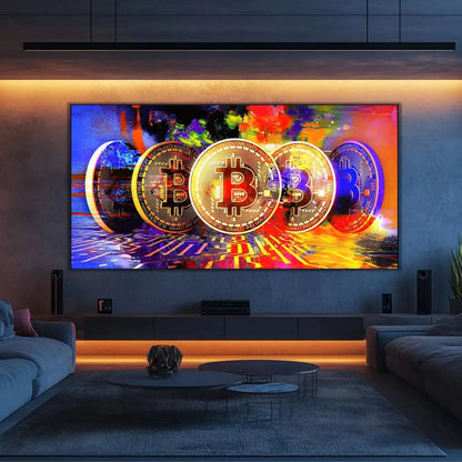 Œuvre numérique avec bitcoins dorés sur fond multicolore, ambiance dynamique et moderne pour bureau ou salon.