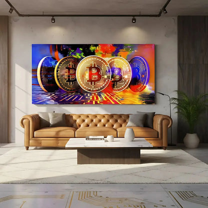 Oeuvre numérique avec bitcoins dorés sur fond multicolore, ambiance dynamique et moderne pour bureau ou salon.