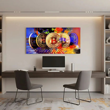 Oeuvre numérique avec bitcoins dorés sur fond multicolore, ambiance dynamique et moderne pour bureau ou salon.