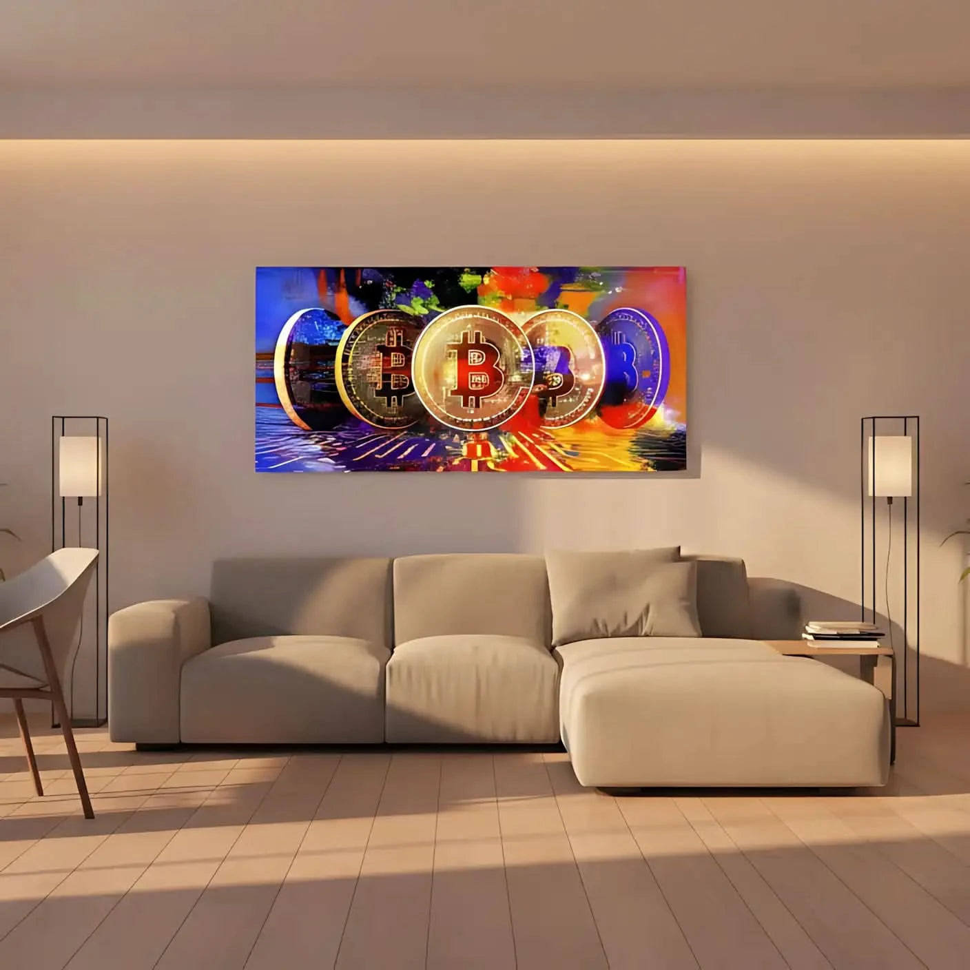 Oeuvre numérique avec bitcoins dorés sur fond multicolore, ambiance dynamique et moderne pour bureau ou salon.