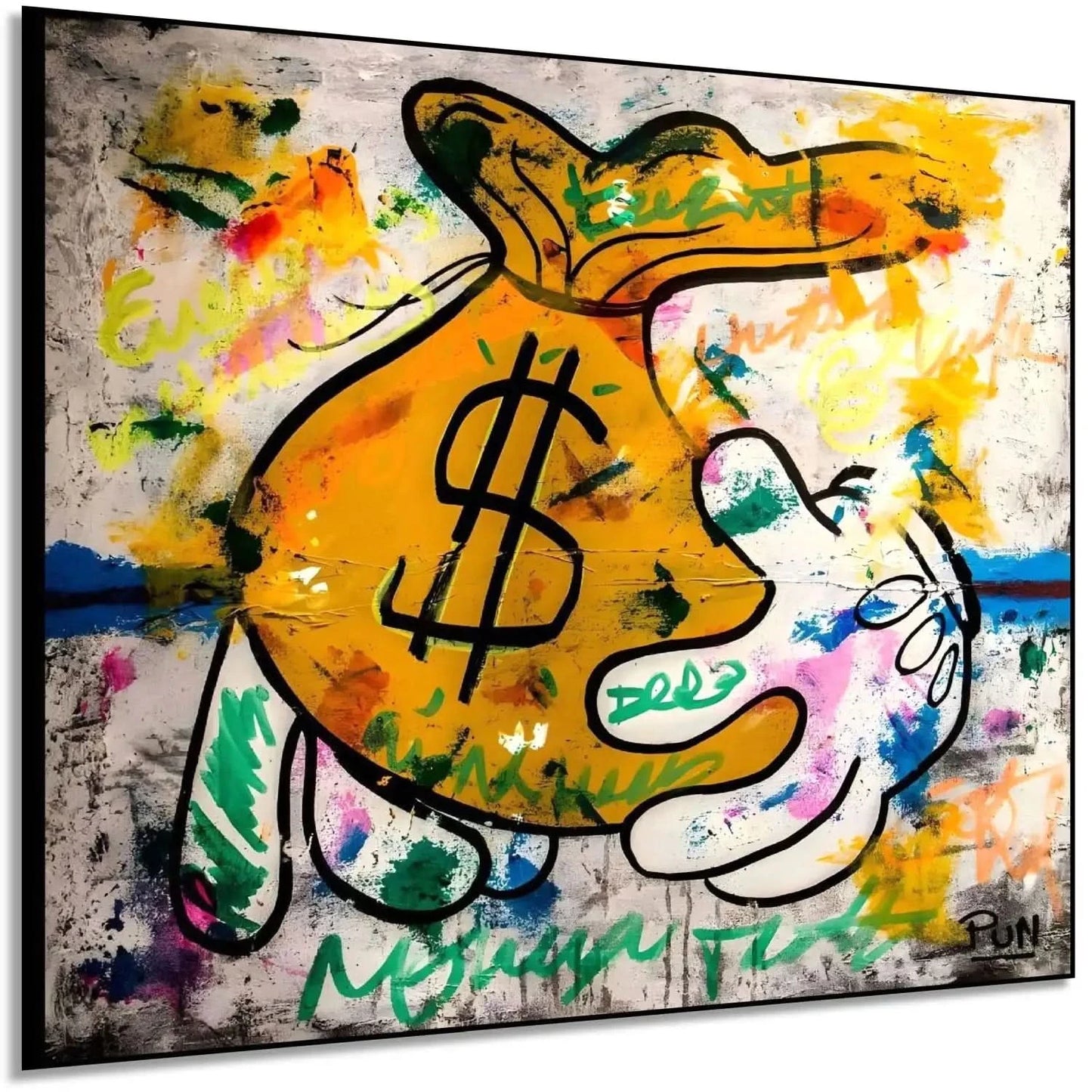 Street art avec sac de monnaie jaune, graffitis multicolores, ambiance urbaine et dynamique pour salon ou bureau moderne.