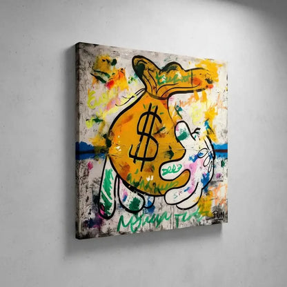 Street art avec sac de monnaie jaune, graffitis multicolores, ambiance urbaine et dynamique pour salon ou bureau moderne.