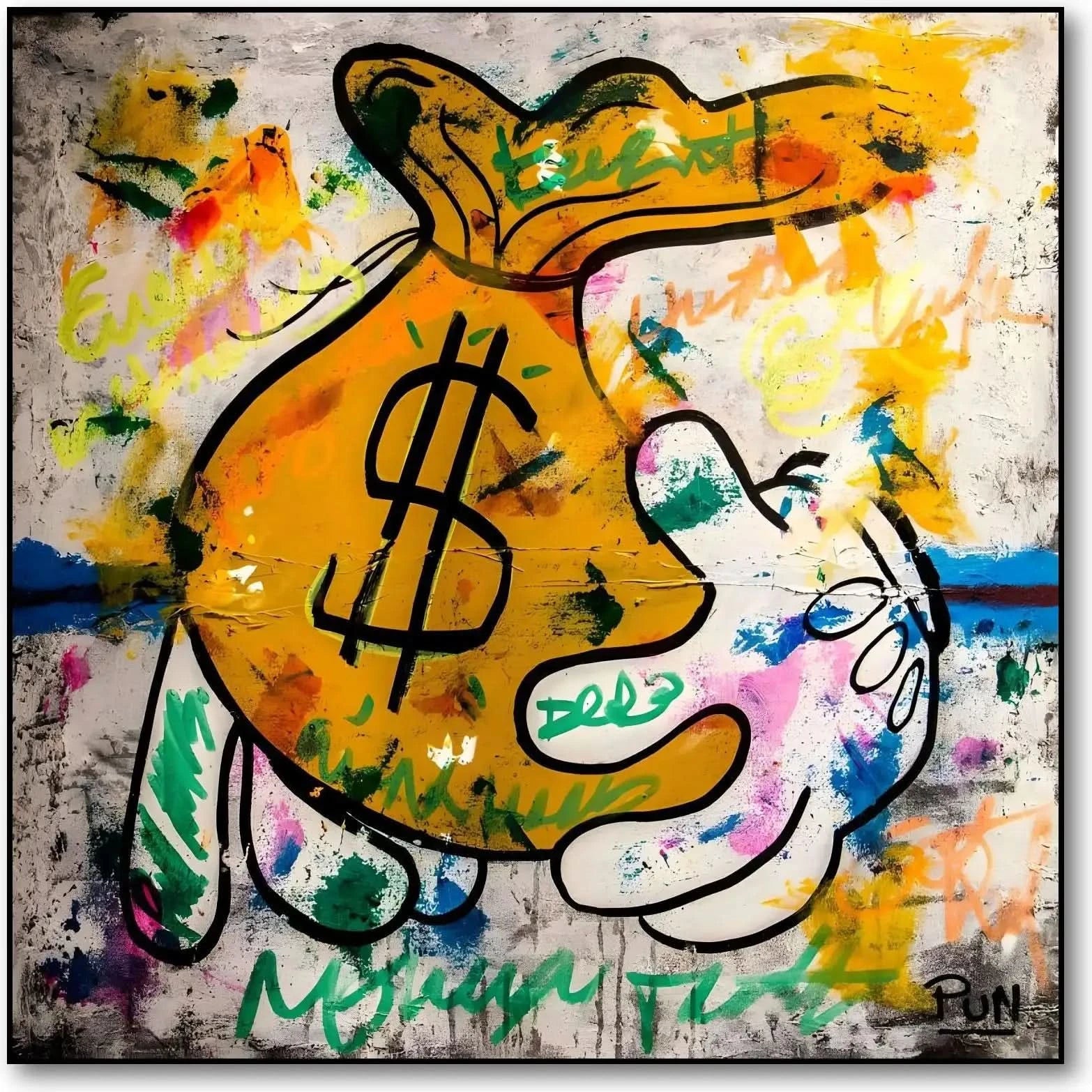 Street art avec sac de monnaie jaune, graffitis multicolores, ambiance urbaine et dynamique pour salon ou bureau moderne.