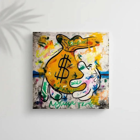 Street art avec sac de monnaie jaune, graffitis multicolores, ambiance urbaine et dynamique pour salon ou bureau moderne.