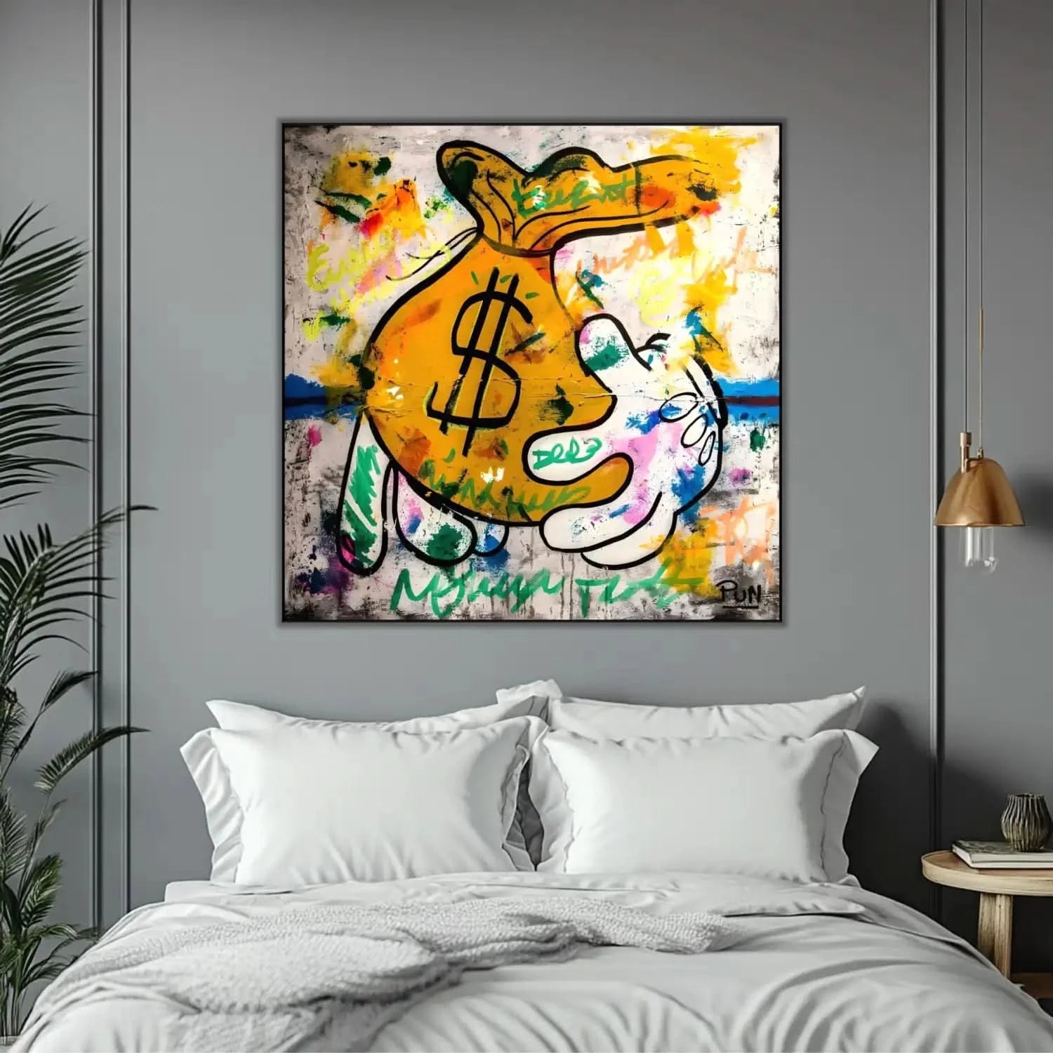 Street art avec sac de monnaie jaune, graffitis multicolores, ambiance urbaine et dynamique pour salon ou bureau moderne.