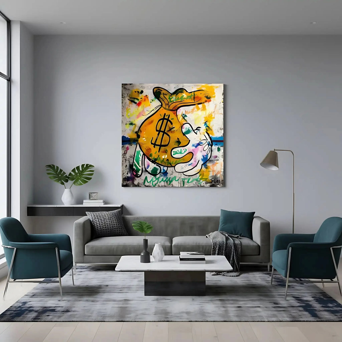 Street art avec sac de monnaie jaune, graffitis multicolores, ambiance urbaine et dynamique pour salon ou bureau moderne.