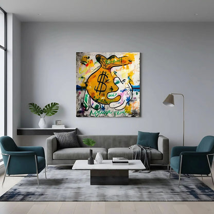 Street art avec sac de monnaie jaune, graffitis multicolores, ambiance urbaine et dynamique pour salon ou bureau moderne.