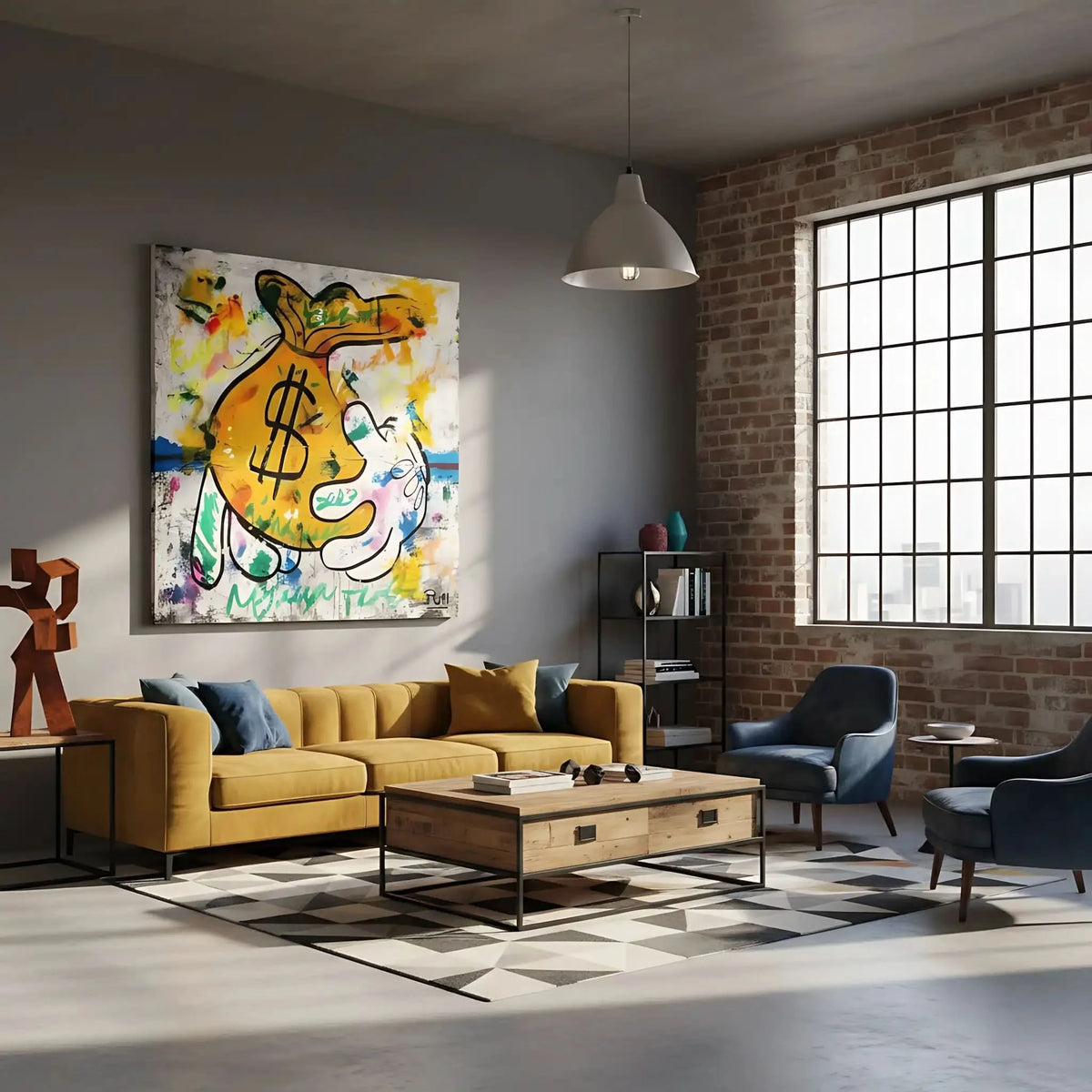 Street art avec sac de monnaie jaune, graffitis multicolores, ambiance urbaine et dynamique pour salon ou bureau moderne.