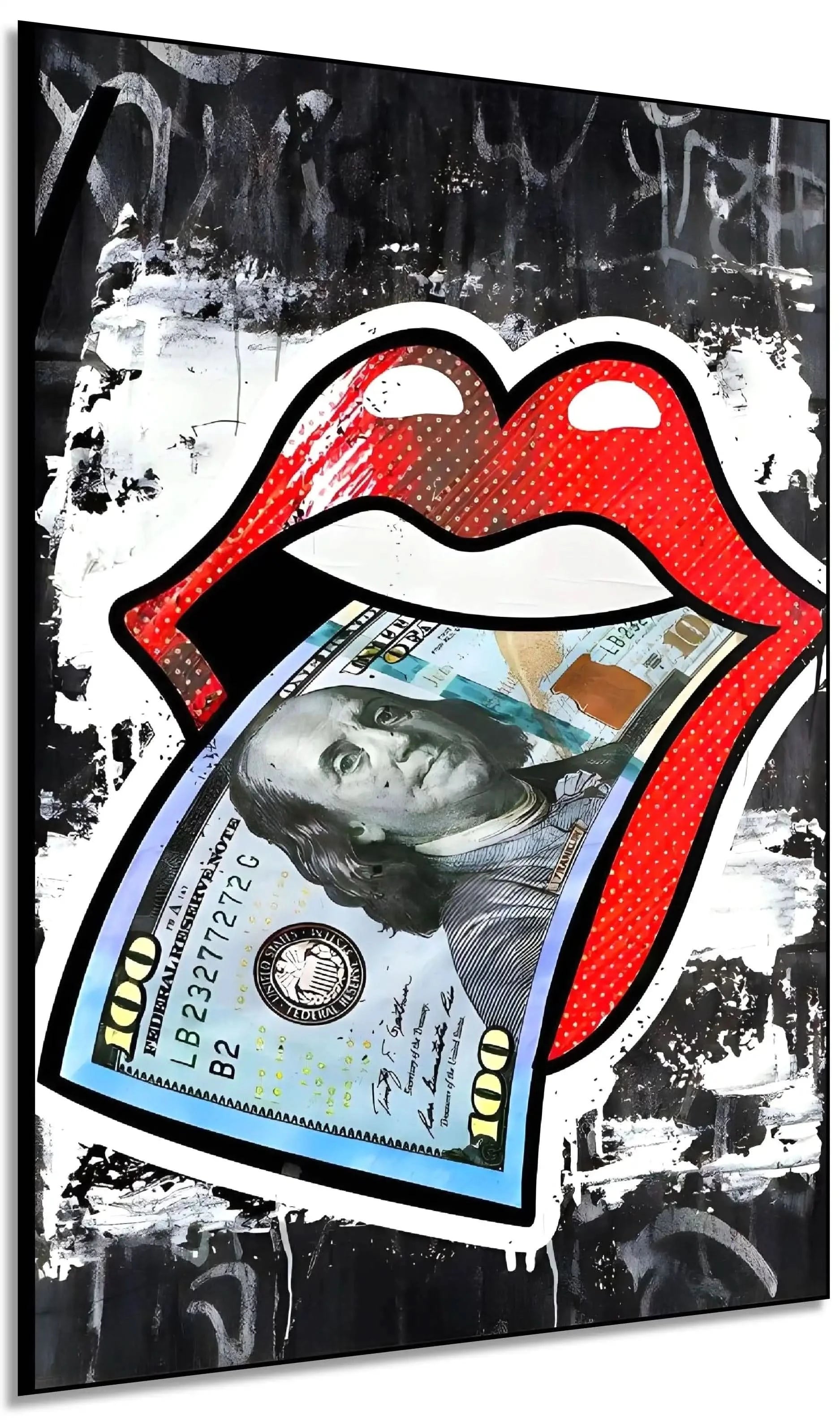Lèvres rouges vives avec billet de cent dollars, pop art audacieux, fond noir et blanc, idéal pour salon moderne.