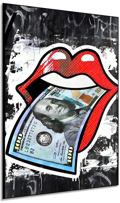 Lèvres rouges vives avec billet de cent dollars, pop art audacieux, fond noir et blanc, idéal pour salon moderne.