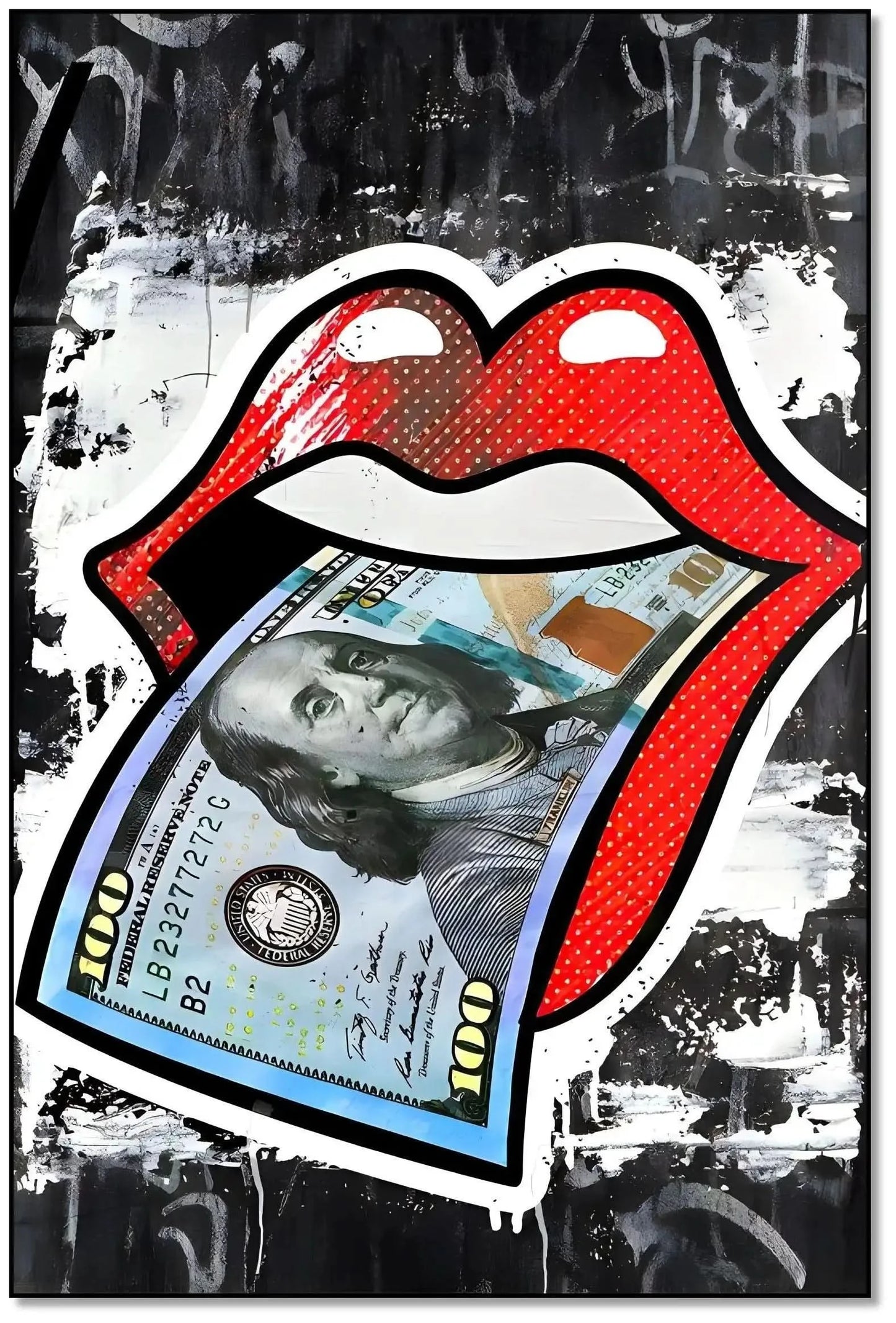 Lèvres rouges vives avec billet de cent dollars, pop art audacieux, fond noir et blanc, idéal pour salon moderne.