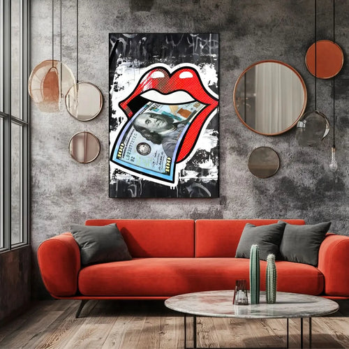 Lèvres rouges vives avec billet de cent dollars, pop art audacieux, fond noir et blanc, idéal pour salon moderne.