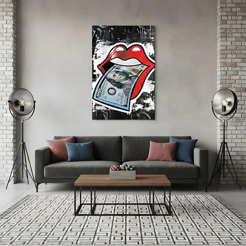 Lèvres rouges vives avec billet de cent dollars, pop art audacieux, fond noir et blanc, idéal pour salon moderne.