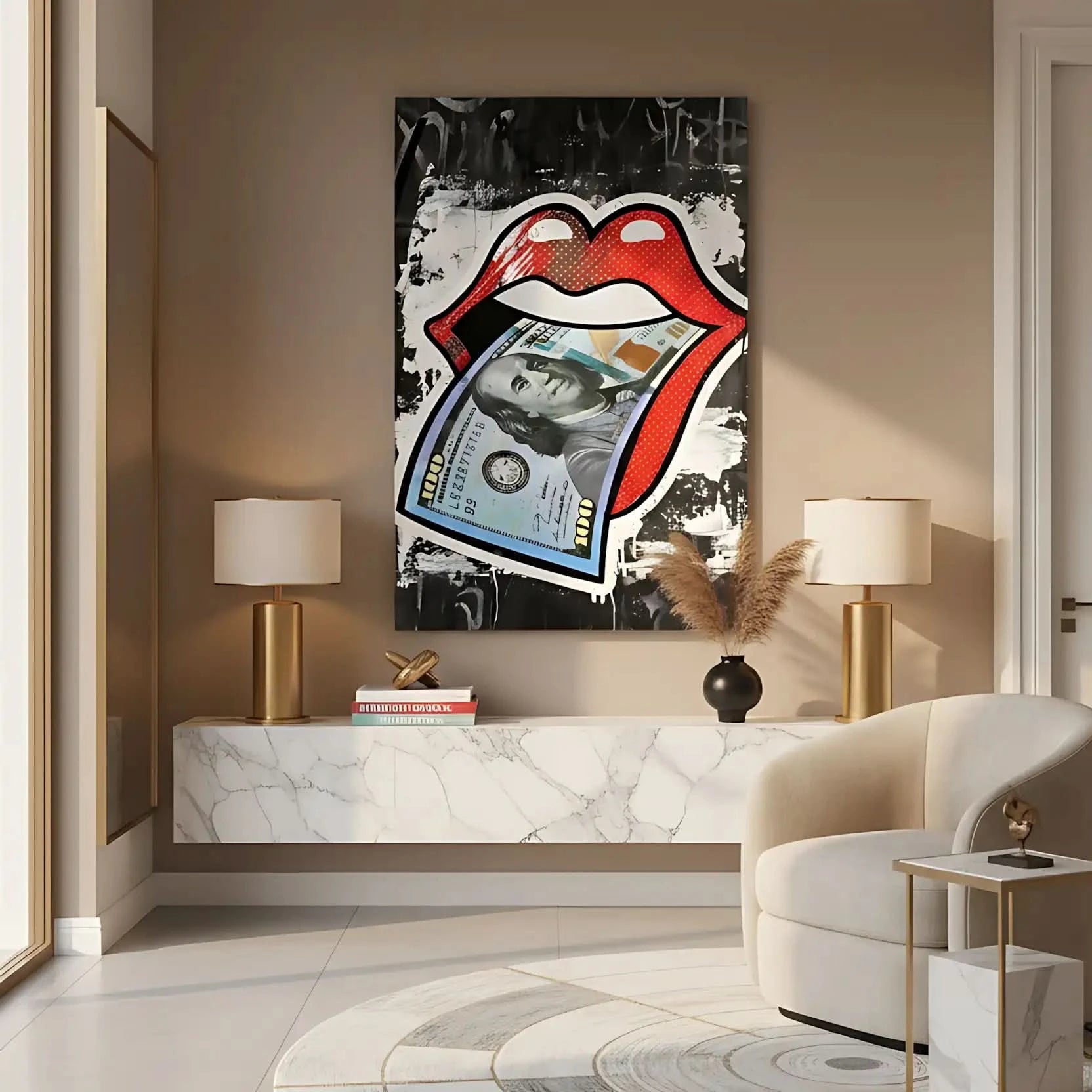 Lèvres rouges vives avec billet de cent dollars, pop art audacieux, fond noir et blanc, idéal pour salon moderne.