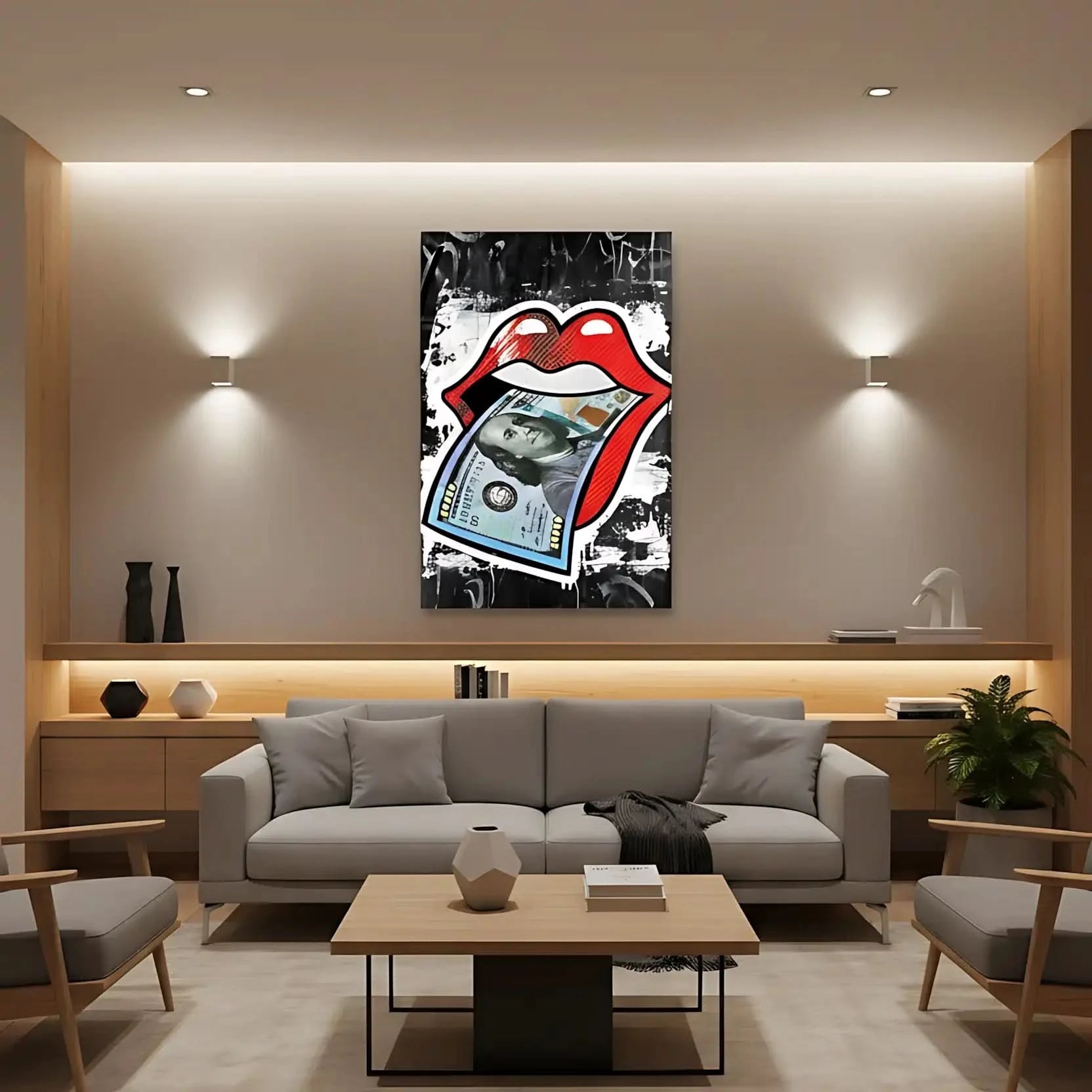 Lèvres rouges vives avec billet de cent dollars, pop art audacieux, fond noir et blanc, idéal pour salon moderne.