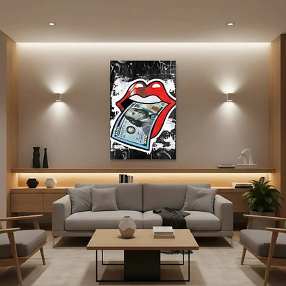 Lèvres rouges vives avec billet de cent dollars, pop art audacieux, fond noir et blanc, idéal pour salon moderne.