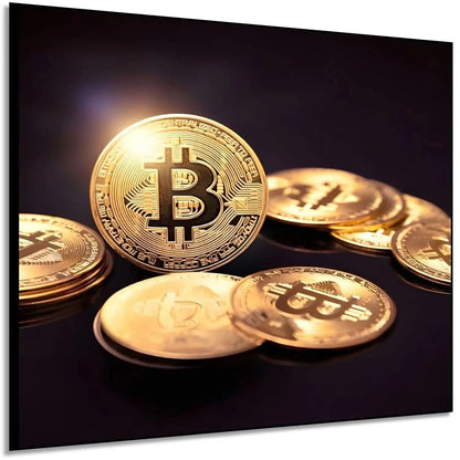 Tableau de pièces dorées sur fond noir, symbolisant richesse et prospérité, ambiance luxueuse pour bureau ou salon moderne.