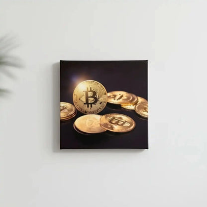 Tableau de pièces dorées sur fond noir, symbolisant richesse et prospérité, ambiance luxueuse pour bureau ou salon moderne.