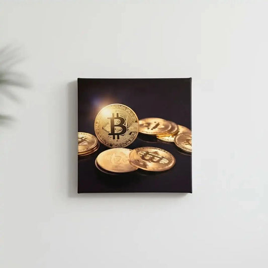 Tableau de pièces dorées sur fond noir, symbolisant richesse et prospérité, ambiance luxueuse pour bureau ou salon moderne.