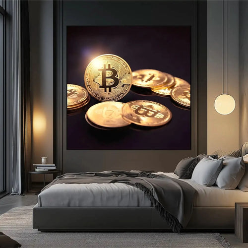 Tableau de pièces dorées sur fond noir, symbolisant richesse et prospérité, ambiance luxueuse pour bureau ou salon moderne.