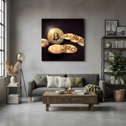 Tableau de pièces dorées sur fond noir, symbolisant richesse et prospérité, ambiance luxueuse pour bureau ou salon moderne.