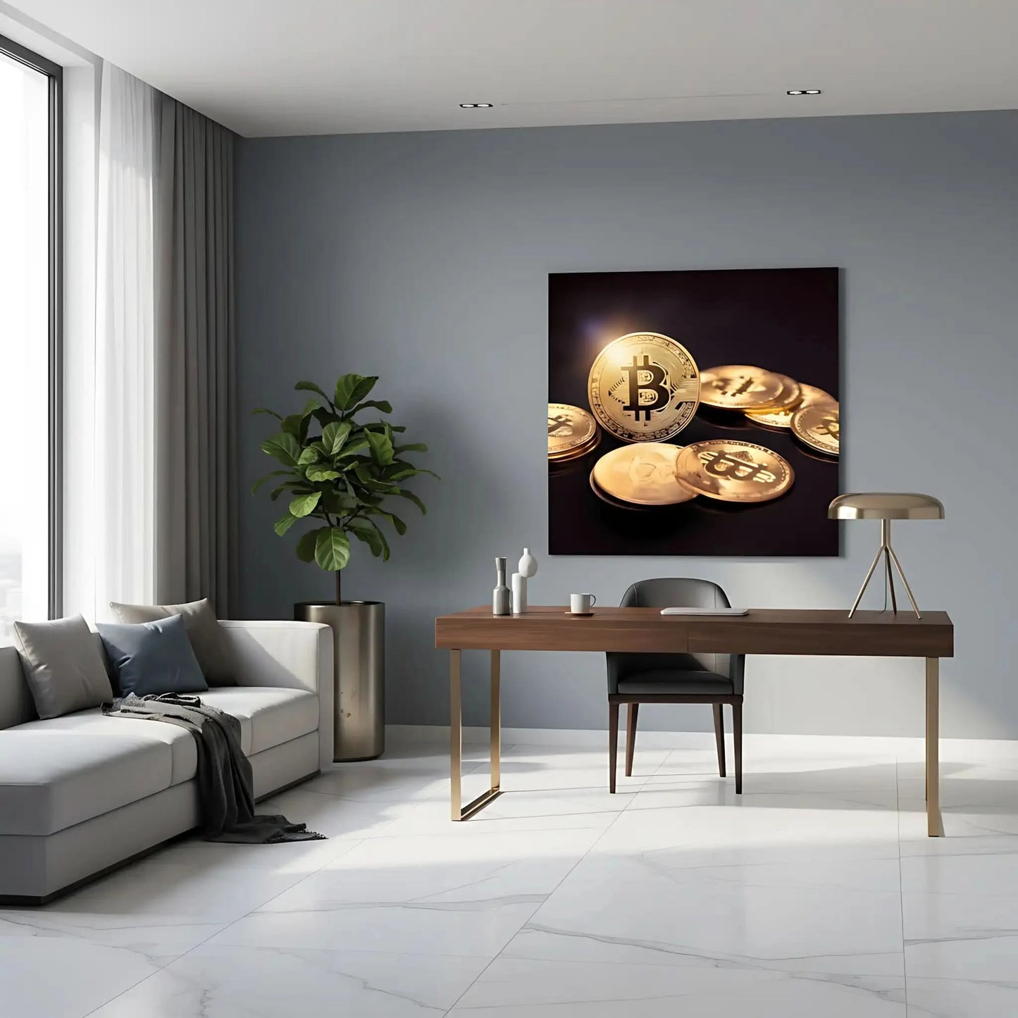 Tableau de pièces dorées sur fond noir, symbolisant richesse et prospérité, ambiance luxueuse pour bureau ou salon moderne.