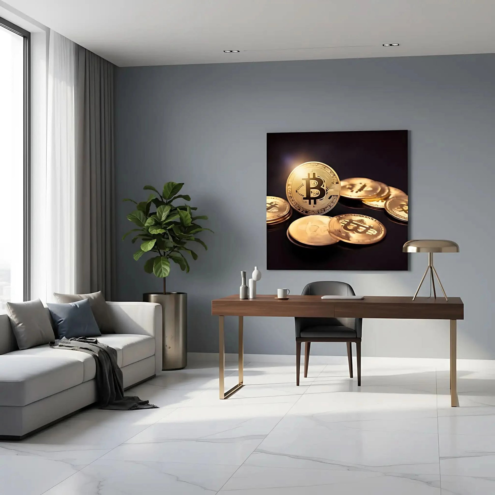 Tableau de pièces dorées sur fond noir, symbolisant richesse et prospérité, ambiance luxueuse pour bureau ou salon moderne.